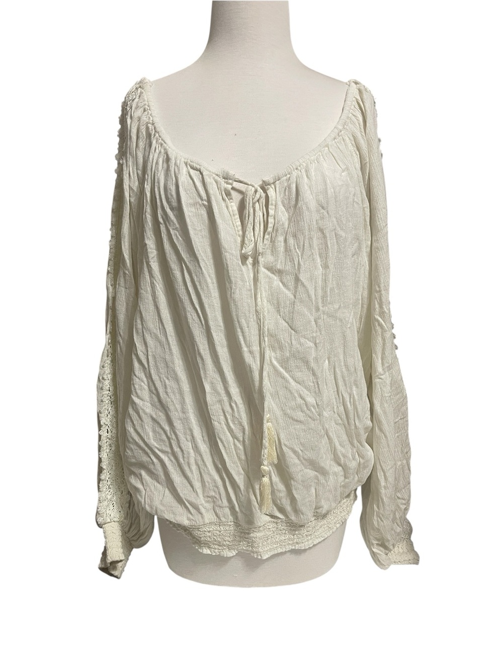 Denim & Supply Ralph Lauren Cream Boho Peasant Crochet Sleeve Panel Blouse Top